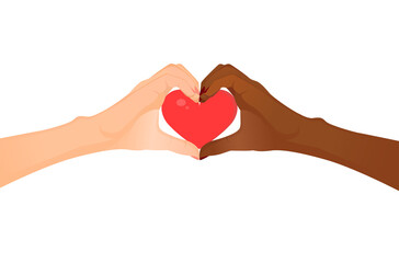 Hand of European and African American make heart sign on white background. Vector flat illustration for postcard, valentine, love, medicine, friendship
