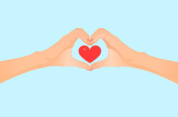Two hands in the form of a heart on a blue background. Vector flat illustration for postcard, valentine, love, medicine, coronavirus.