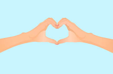 Two hands in the form of a heart on a blue background. Vector flat illustration for postcard, valentine, love, medicine, coronavirus.