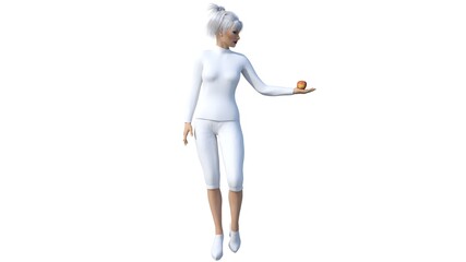 One girl in futuristic white clothes posing with an apple while standing towards the camera