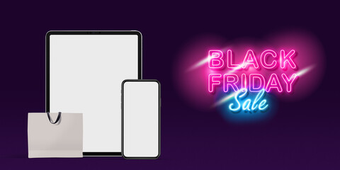 Device with blank screen and shopping bag, black friday, sales concept. Flyer with copyspace. Cyber monday and online purchases, negative space for ad. Finance and money. Neon dark background.