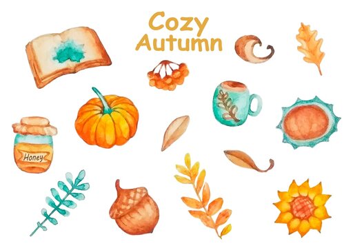 Watercolor set fall stickers. Cozy autumn. Vector illustration. 