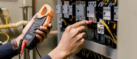 Electrician engineer work  tester measuring  voltage and current of power electric line in electical cabinet control.