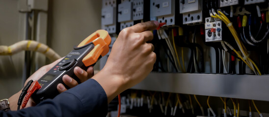 Electrician engineer work  tester measuring  voltage and current of power electric line in electical cabinet control.