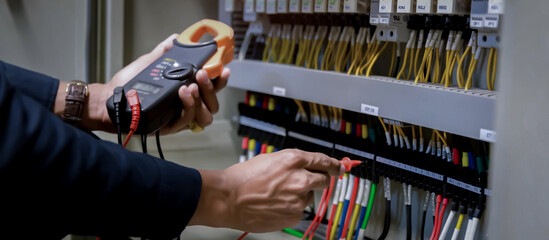 Electrician engineer work  tester measuring  voltage and current of power electric line in...