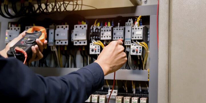 Electrician engineer work  tester measuring  voltage and current of power electric line in electical cabinet control.