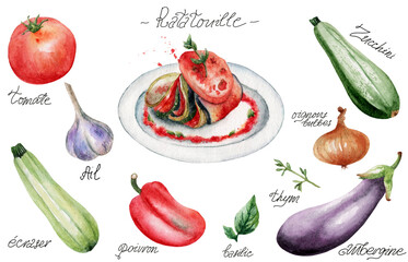 Ratatouille set of watercolor illustrations with ingredients