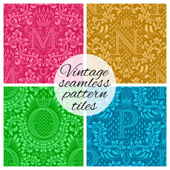 Tiles of vintage seamless patterns for wallpaper design. Set of repeating background swatches in vintage renaissance style. Vintage wallpapers tiles with letters.