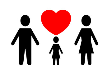Black silhouettes of family and red heart on a white background. Mom, dad and daughter. Family with a child.