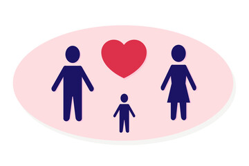 Blue silhouettes of family and red heart. Mom, dad and son. Family with a child.