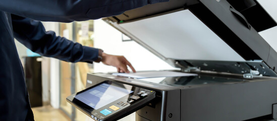 Bussiness man Hand press button on panel of printer, printer scanner laser office copy machine...