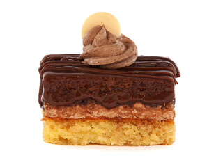 A piece of chocolate cake with cream isolated on white 