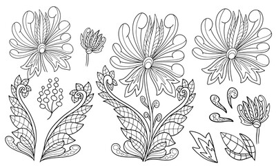 set of plant elements flower fantasy leaves outline coloring poster vector doodle sketch isolate on white background outline stroke constructor