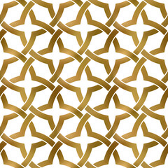 Abstract repeatable background of golden twisted bands. Swatch of gold intertwined wavy bands. Seamless pattern in modern style.