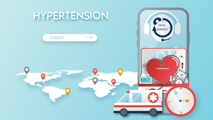 Hypertension patient treatment Concept. Blood pressure monitor. Emergency service with technology.Vector Illustration