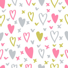 Simple hearts seamless vector pattern. Valentines day background. Flat design endless chaotic heart silhouettes.