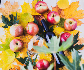 Red and ripe apples in a wicker basket with maple leaves.A bottle of wine and a thin-stemmed glass.