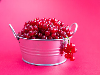 A metal basin filled with red currants on pink background