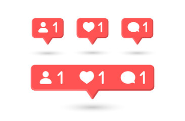 Internet social networking icons set. Like 1 follower 1 comment 1 red. Comment button, icon, symbol, ui, app, web