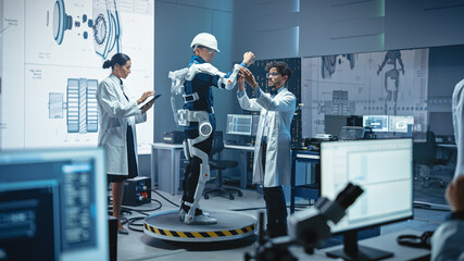 In Robotics Development Laboratory: Engineers and Scientists Work on a Bionics Exoskeleton...