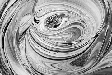 Black and white waves on gray fusion of colors. Fluid Art. Abstract marble background or texture