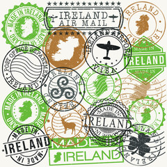 Ireland Set of Stamps. Travel Passport Stamp. Made In Product. Design Seals Old Style Insignia. Icon Clip Art Vector.