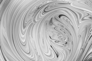 Black and white waves on gray fusion of colors. Fluid Art. Abstract marble background or texture