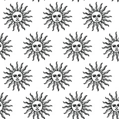 Seamless vector Sun pattern. Thin line medieval illustration of Sun with face. Astrology 10 eps background for design, fabric, textile, cover, wrapping