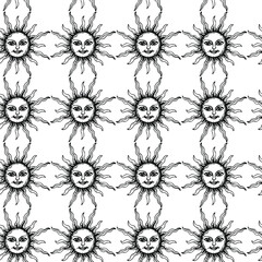 Seamless vector Sun pattern. Thin line medieval illustration of Sun with face. Astrology 10 eps background for design, fabric, textile, cover, wrapping
