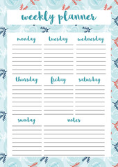 Weekly planner for diary, organiser, notebook. Printable A4 planner. Vector Illustration.
