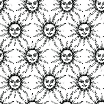 Seamless vector Sun pattern. Thin line medieval illustration of Sun with face. Astrology 10 eps background for design, fabric, textile, cover, wrapping