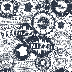 Nice France Stamps Background. City Stamp Vector Art. Postal Passport Travel. Design Set Pattern.