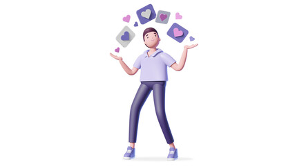 Illustration of 3d man with social media hearts