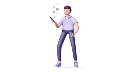 Illustration of 3d man with a smart phone and hearts