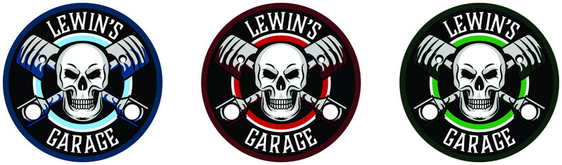 Garage skull logo badge car service repair with pistons. Vector icon design auto transportation logo set. Good for mechanic and auto detailing. Car sales, repair, race, road, auto parts design icons.