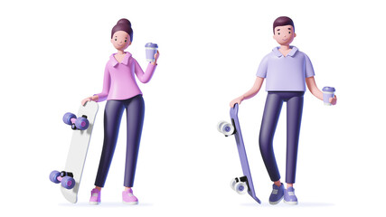 Illustration of 3d man and girl with coffee cup and skateboard