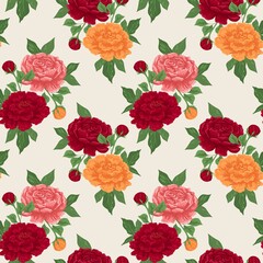 Vintage flowers and leaves. Bouquets of peonies. Seamless patterns. Isolated vector illustrations.