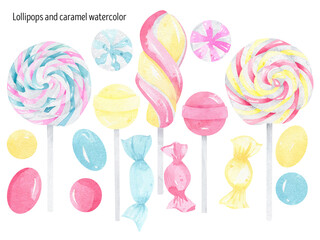 Watercolor lollipops, caramel, marmalade, jelly, marshmallow, candy shop, candy bar, sweet box. Candy card design. Gummy and Jelly candies. Bears Fruity. Food illustration, dessert	