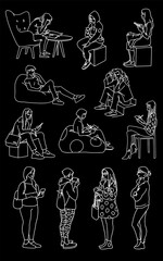 Set of women in different poses. Monochrome vector illustration of women standing and sitting in simple line art style. White lines isolated on black background. Hand drawn sketch.