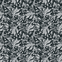Seamless black background with white pattern in baroque style. Vector retro illustration. Ideal for printing on fabric or paper for wallpapers, textile, wrapping. 