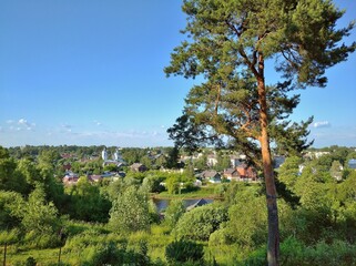 Fototapeta premium Torzhok, Tver region, Russia-June 30, 2020. View of Torzhok from the right Bank of the town.