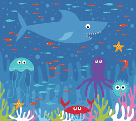 Underwater world illustration. Shark, sea animals and fishes floating near coral reef