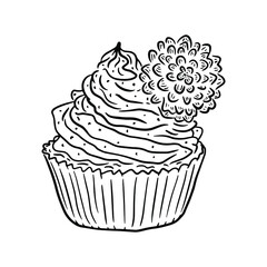 Black and white illustration of cupcake with cream on a white background. Vector hand drawn illustration of a dessert decorated with a flower. Isolated holiday baking for postcards, print, textiles.