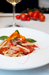 Lorighitas italian pasta with scampi and fresh prawns