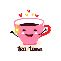Cute flat kawaii Mug with Tea and Tea Package. Happy morning, tea time vector Illustration.