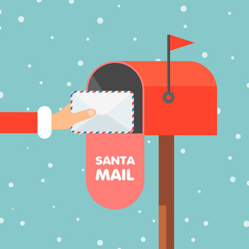 Letter to Santa Claus. Hand holds decorated envelope. Red mailbox with letter inside in cartoon style. Christmas or New Year flat vector illustration for web design or greeting card.