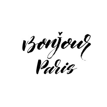 Bonjour Paris ink brush vector lettering. Modern slogan handwritten vector calligraphy. Black paint lettering isolated on white background. Postcard, greeting card, t shirt decorative print