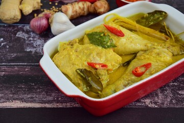 Opor ayam, chicken cooked in coconut milk and spices, originated from Central Java, Indonesia. Served with sambal. Popular dish for lebaran or Eid al-Fitr 
