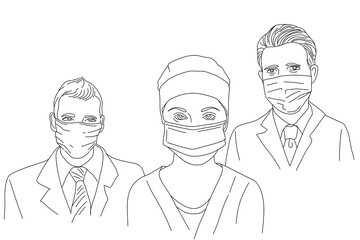 A group of people. Doctors, nurses, women in medical masks. Line contour drawing on a white background. Covid Prevention Concept - 19 or Coronavirus 2019 -nCov. Vector illustration
