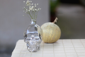 Skull shaped vase with gypsophila flowers and small pumpkin. Minimal Halloween decor. Selective focus.